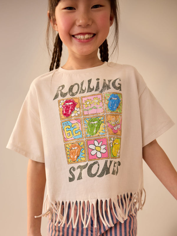 Neutral 100% Cotton Sequin Rolling Stones Fringe T-Shirt (3-16yrs)