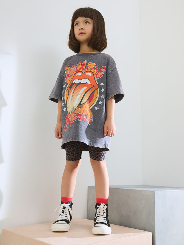 Charcoal Grey Rolling Stones Oversized License T-Shirt & Cycle Shorts Set (3-16yrs)