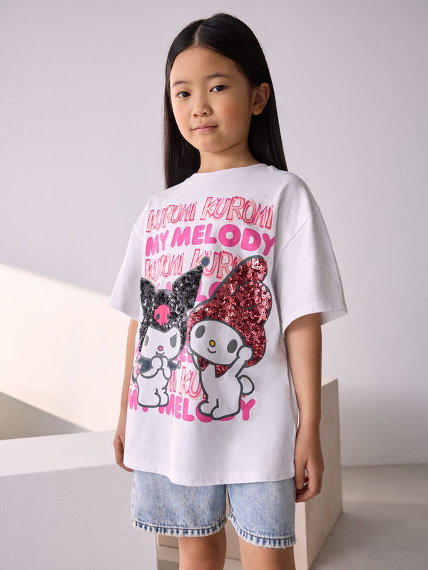 White 100% Cotton Kuromi & Melody Oversized License Graphic T-Shirt (3-16yrs)