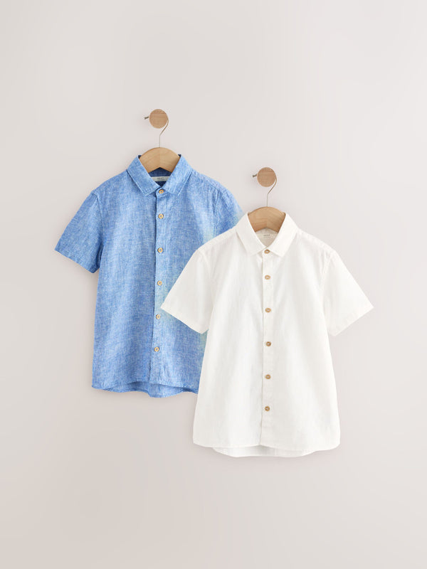 White/Blue 2 Pack Short Sleeves Linen Blend Shirt (3mths-16yrs)