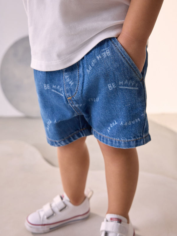 Mid Blue Print Denim Pull On Shorts (3mths-7yrs)