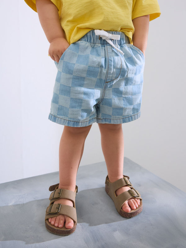 Light Blue Checkerboard Denim Pull On Shorts (3mths-7yrs)