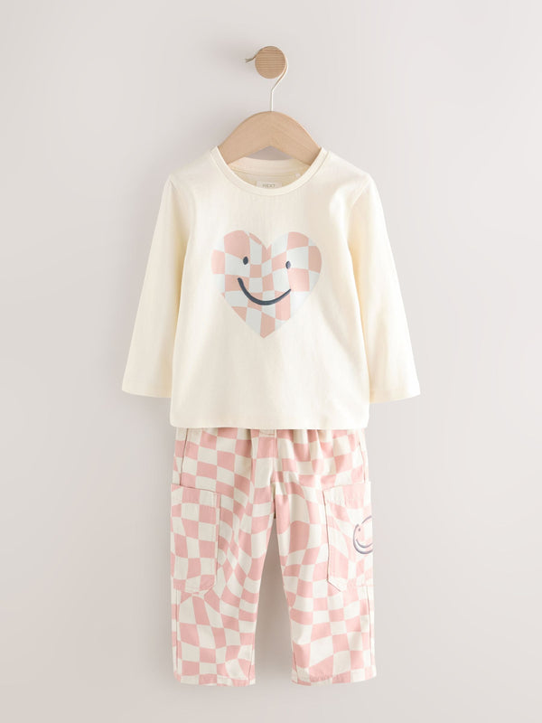 Pink Checkerboard 100% Cotton Trousers & Long Sleeve T-Shirt Set (3mths-7yrs)