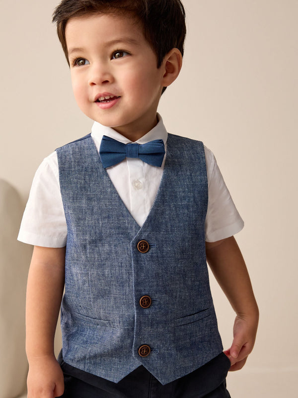 Navy Cotton/Linen Blend Waistcoat, Shirt & Bow Tie Set (3mths-9yrs)