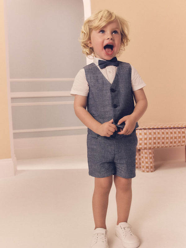 Navy Cotton/Linen Blend Waistcoat, Shirt, Short & Bow Tie Set (3mths-9yrs)
