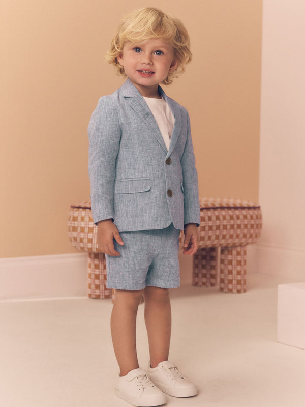 Blue Linen Blend Blazer, T-Shirt & Shorts Set (3mths-9yrs)