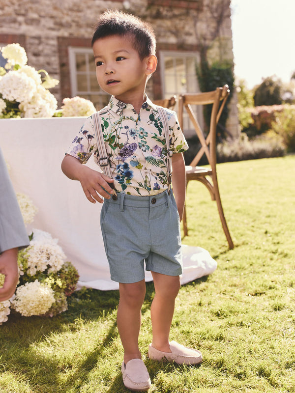Teal Blue Floral Shirt, Shorts, Bow Tie & Braces Set immediate