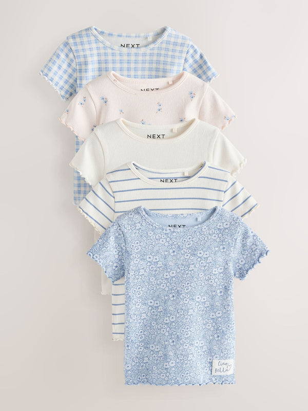 Blue Ribbed Short Sleeve Tops 5 Pack (3mths-7yrs)