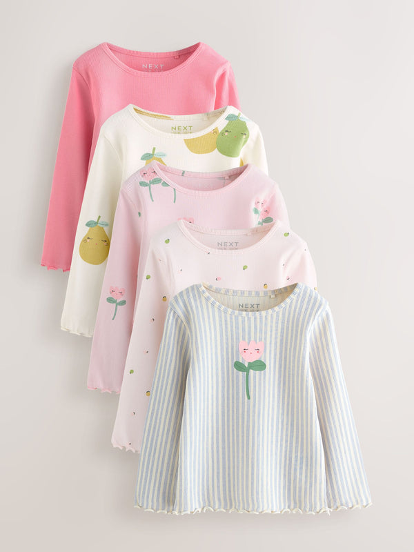 Light Pink Ribbed Long Sleeve Tops 5 Pack (3mths-7yrs)