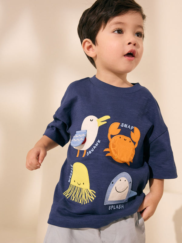 Blue Sealife Short Sleeve Interactive Appliqué T-Shirt (3mths-7yrs)