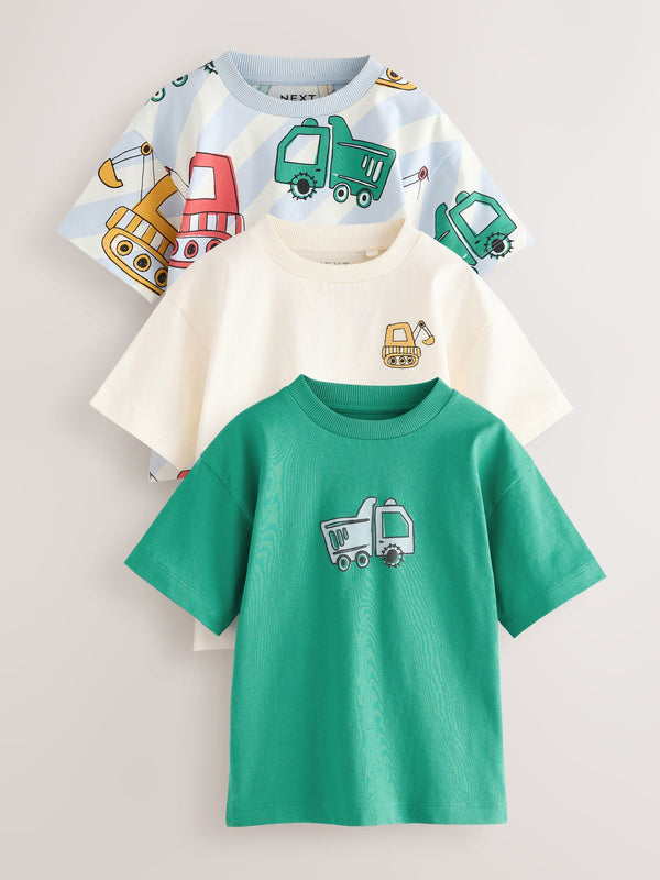 Green Transport Digger Short Sleeve T-Shirts 3 Pack (3mths-7yrs)