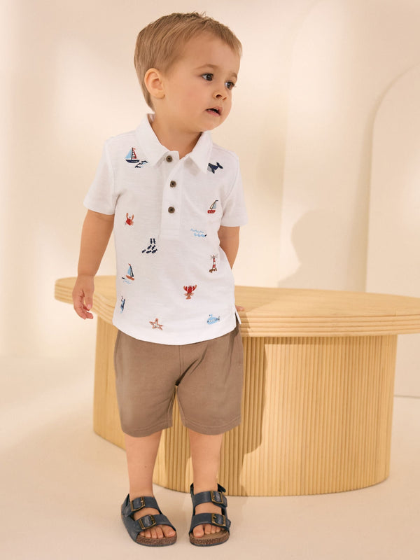 White All-Over-Embroidered Polo Shirt & Shorts Set (3mths-7yrs)
