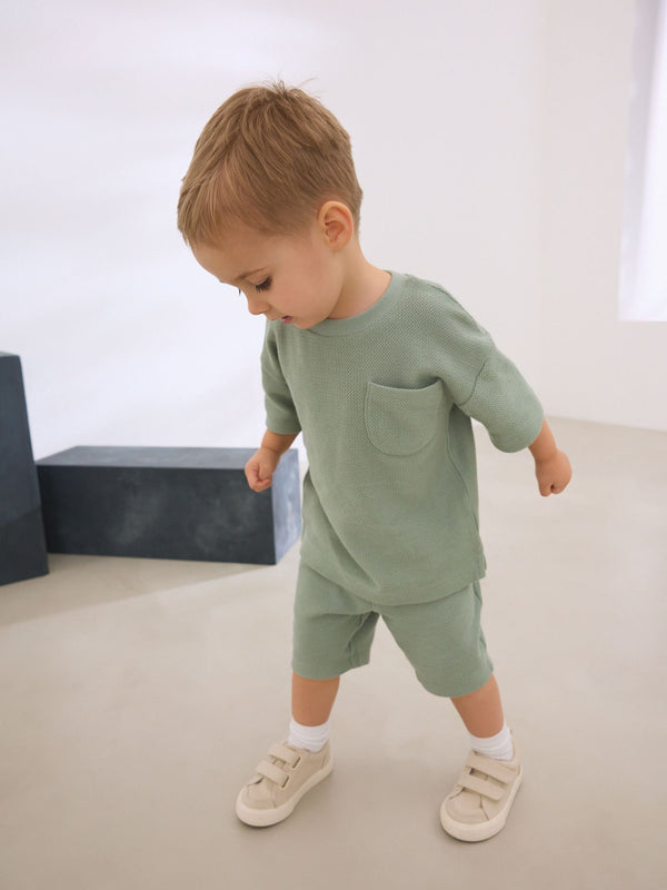 Sage Green 100% Cotton Textured Pocket Tops & Shorts Set (3mths-7yrs)