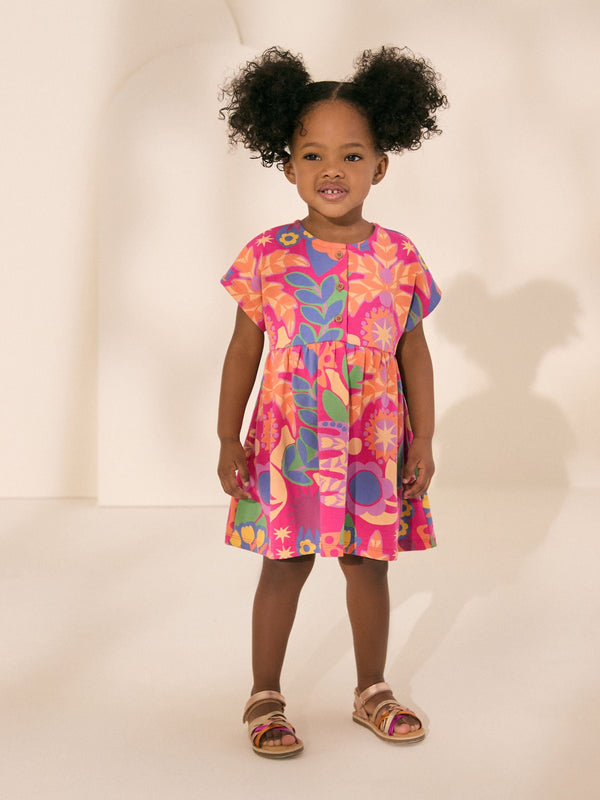 Pink Tropical Print Short Sleeve Jersey Summer Dress (3mths-7yrs)
