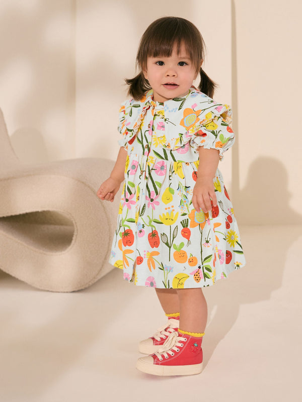 Multi Fruit Print 100% Cotton Short Sleeve Collar Dress (3mths-7yrs)
