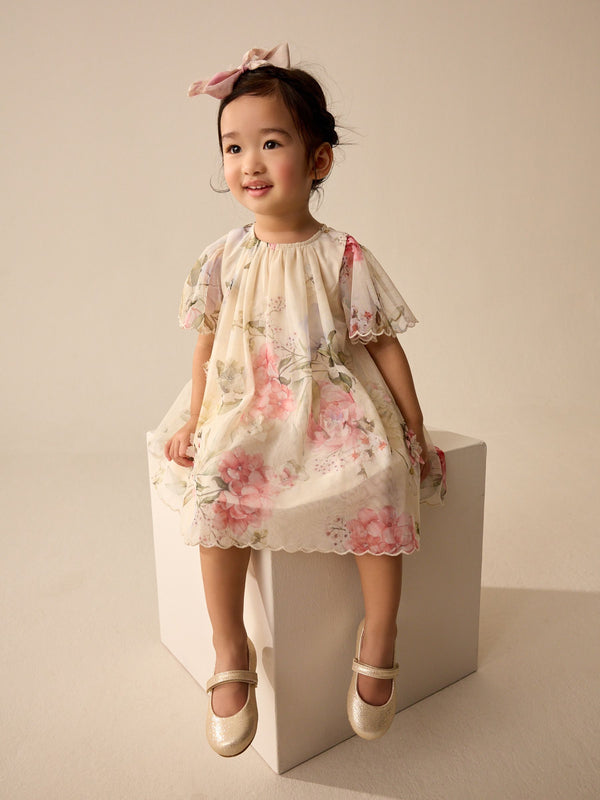 Pink Floral Short Sleeve Mesh Party Dress (3mths-7yrs)