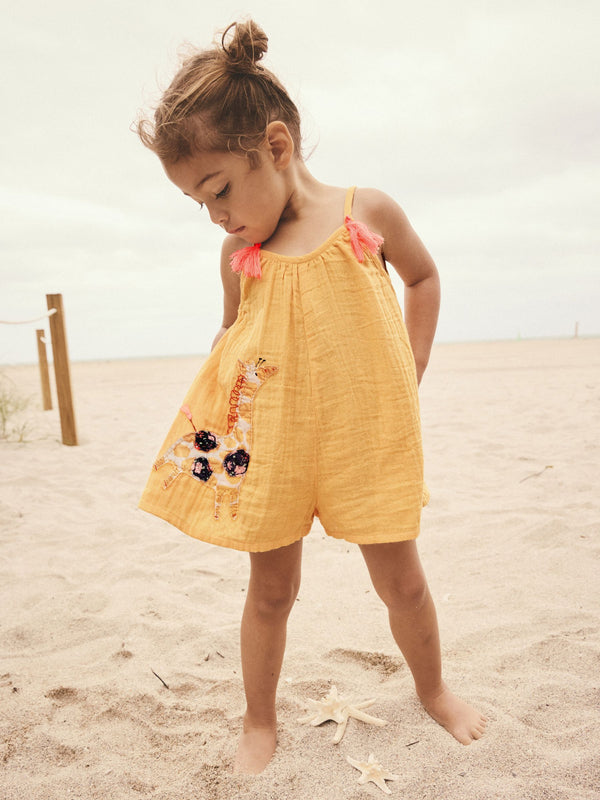 Ochre Yellow Giraffe 100% Cotton Playsuit (3mths-10yrs)