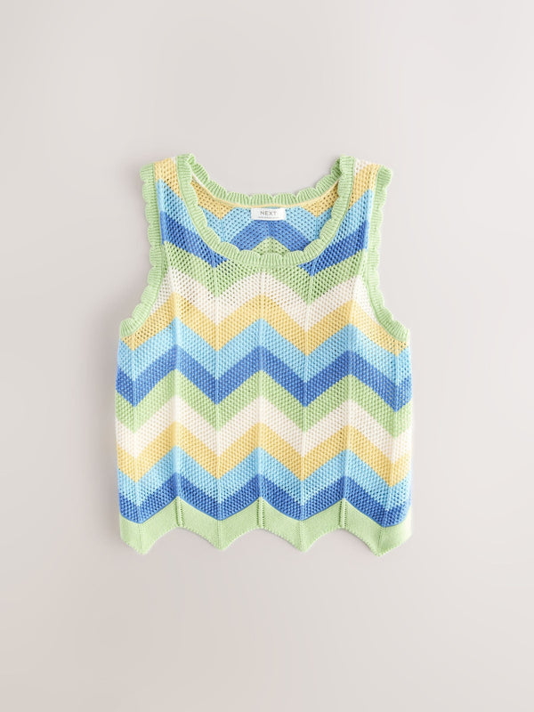 Blue Zigzag Knitted 100% Cotton Vest (3-16yrs)