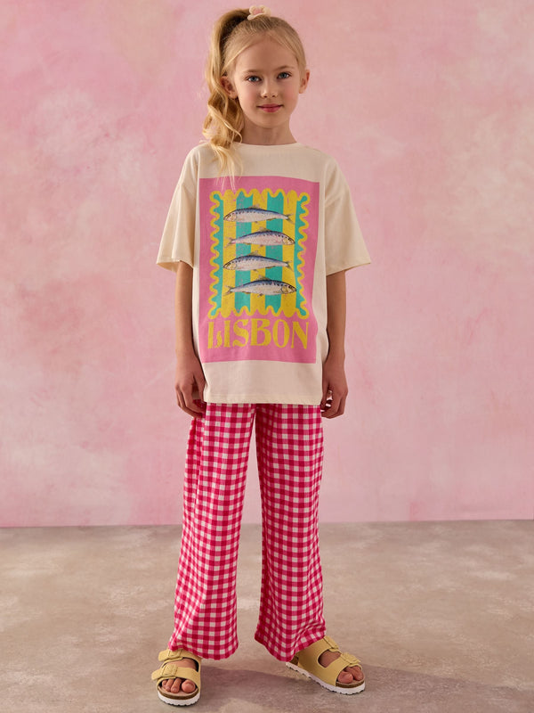 Pink Graphic T-Shirt And Wide Leg Gingham Trousers Set (3-16yrs)