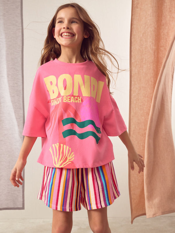 Pink Bondi Stripe 100% Cotton T-Shirt And Shorts Set (3-16yrs)