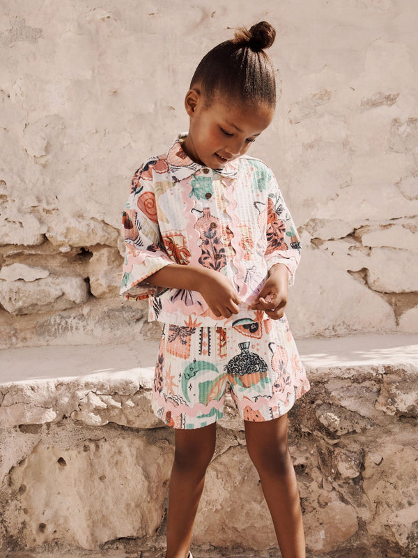 Multi 100% Cotton Printed Textured Shirt And Shorts Set (3-16yrs)
