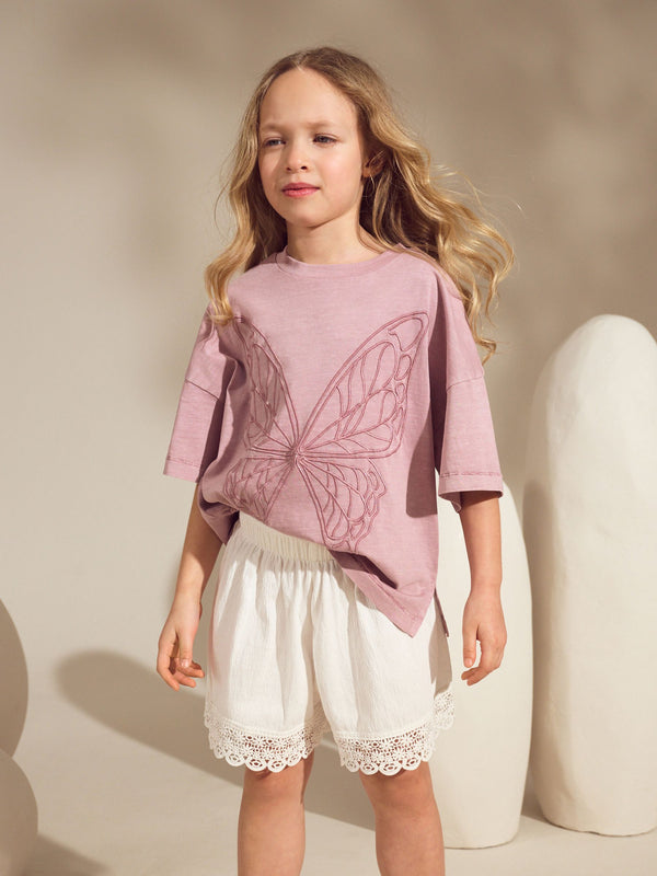 Dusky Purple Butterfly T-Shirt And Textured Shorts Set (3-16yrs)