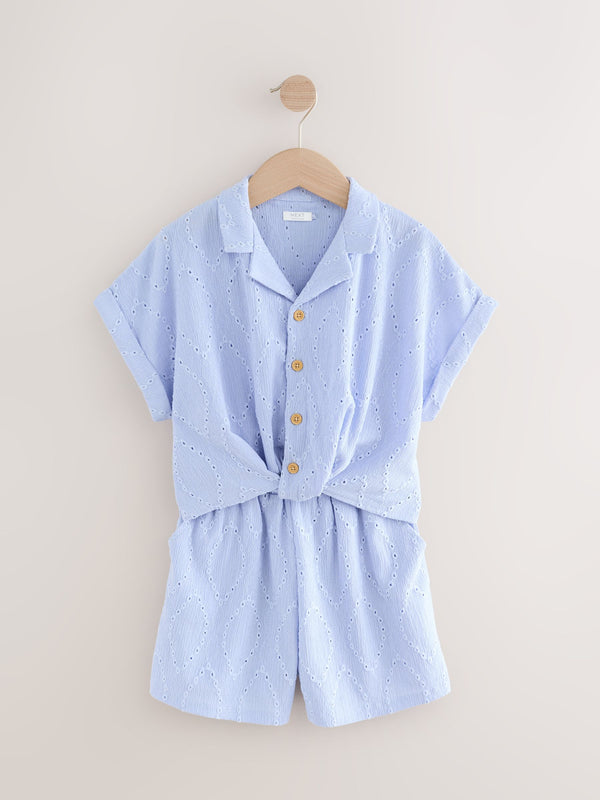 Blue Broderie Textured Shirt And Shorts Set (3-16yrs)
