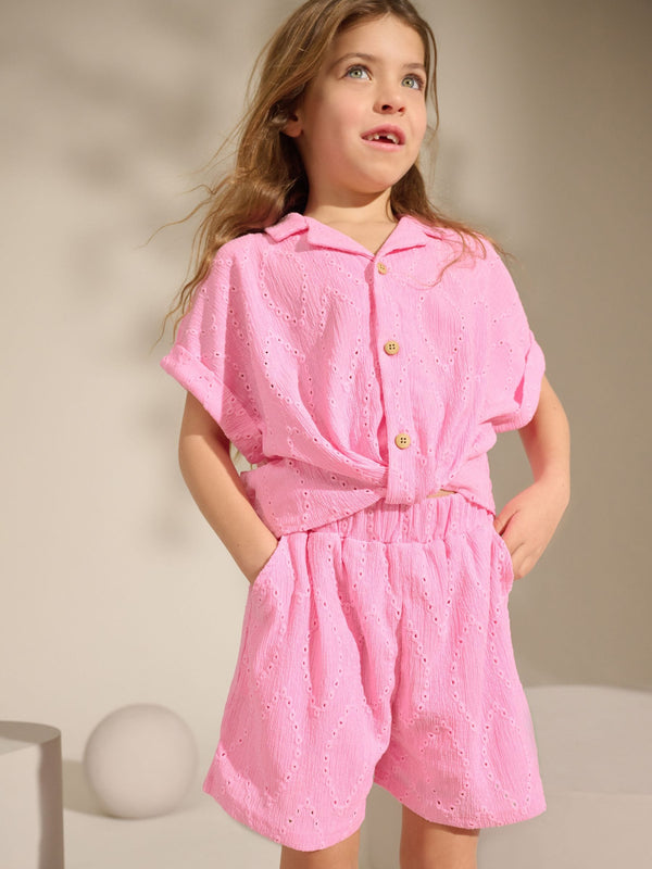 Pink Broderie Textured Shirt And Shorts Set (3-16yrs)