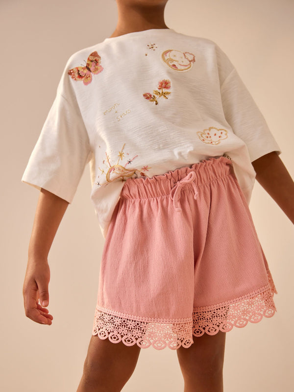Pink Lace Trim Pull On Short Skirt (3-16yrs)