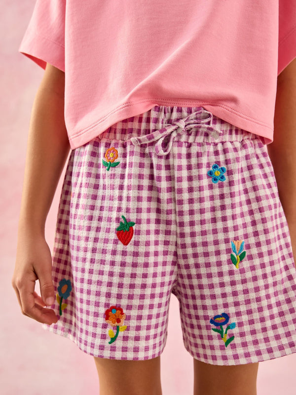 Purple Gingham Embroidered 100% Cotton Jersey Shorts (3-16yrs)