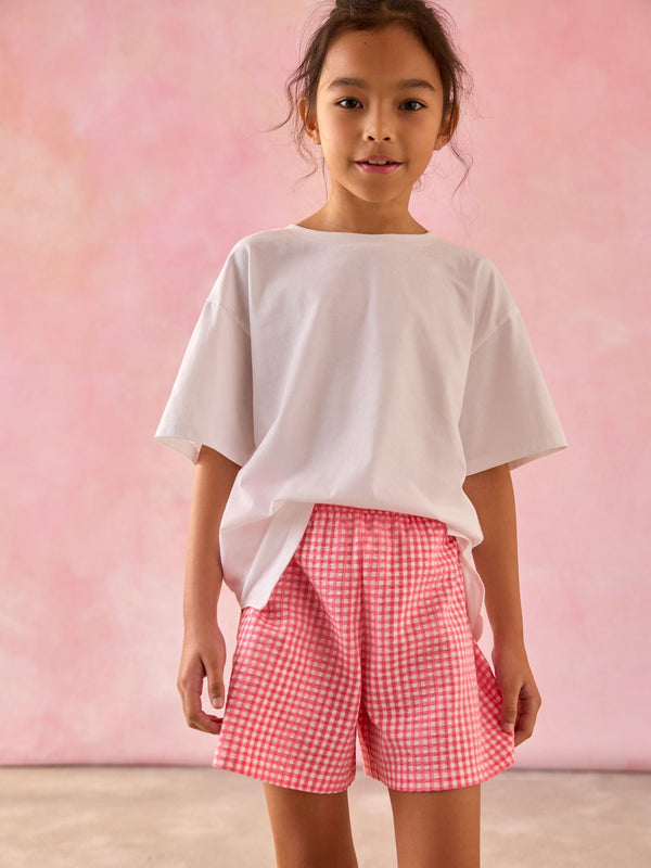 Red Gingham 100% Cotton Pull On Textured Shorts (3-16yrs)