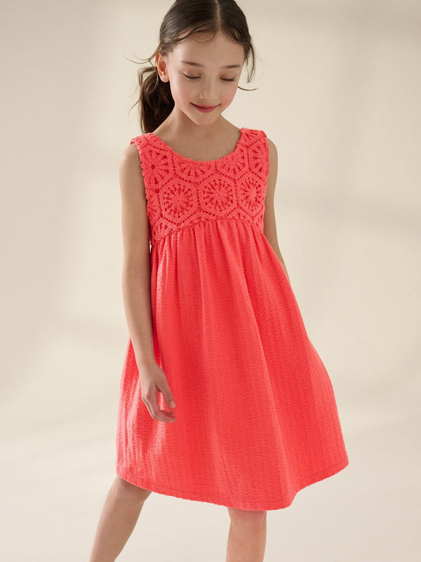 Coral Pink 100% Cotton Crochet Front Dress (3-16yrs)