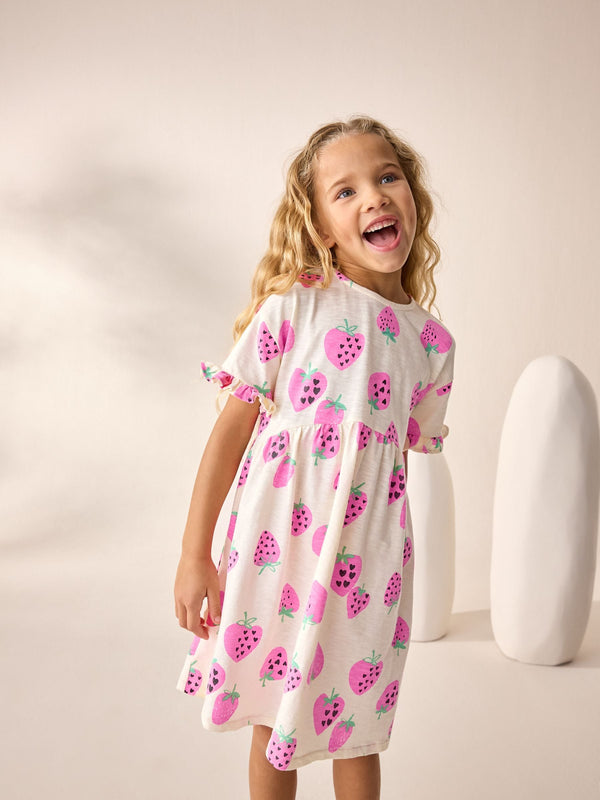 Pink Strawberry Short Sleeve Jersey Summer Dress (3-16yrs)