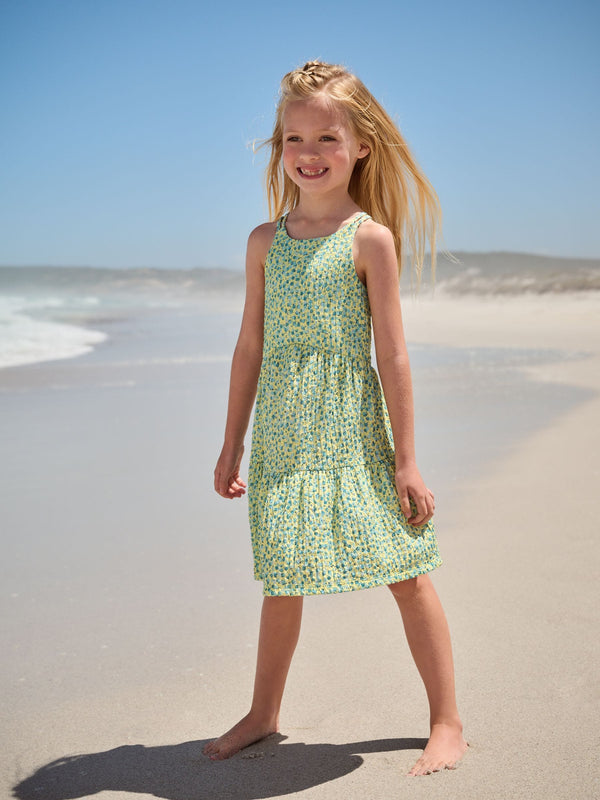 Lime Green Ditsy Strappy Crinkle Summer Dress (3-16yrs)