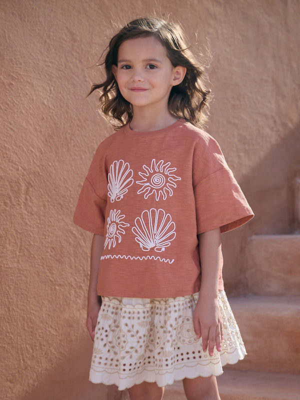 Rust Brown Embroidered Shells 100% Cotton T-Shirt (3-16yrs)