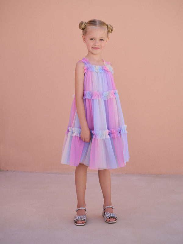 Rainbow Pink Tiered Strappy Mesh Dress (3-16yrs)