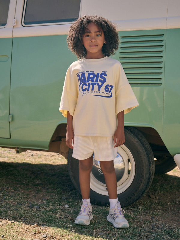 Ecru/Yellow Stripe Slogan 100% Cotton T-Shirt And Short Set (3-16yrs)