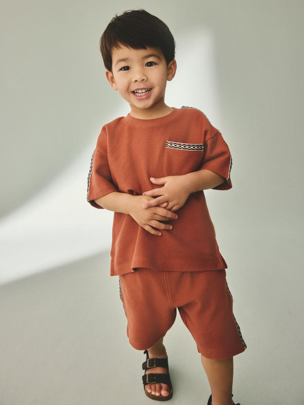 Rust Brown 100% Cotton Textured Pocket Tops & Shorts Set (3mths-7yrs)