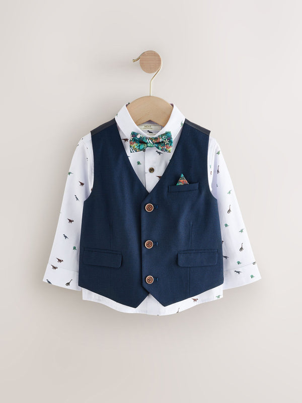 Navy Dino Waistcoat Set With Shirt And Bow Tie (3mths-7yrs)