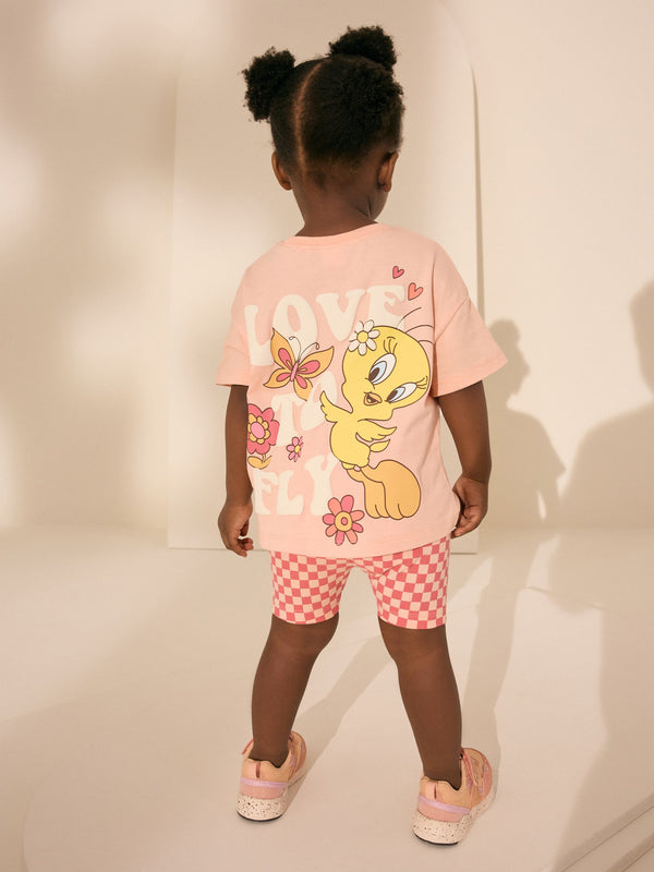 Coral Pink Looney Tunes Tweety Short Sleeve T-Shirt and Cycle Shorts Set (3mths-7yrs)