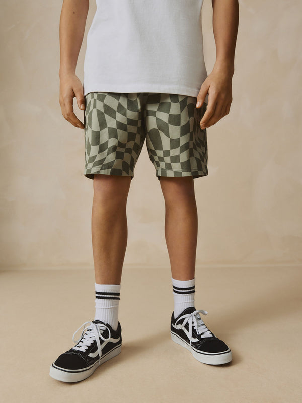 Khaki Green Checkerboard Regular Fit Pull-On Shorts (3-16yrs)