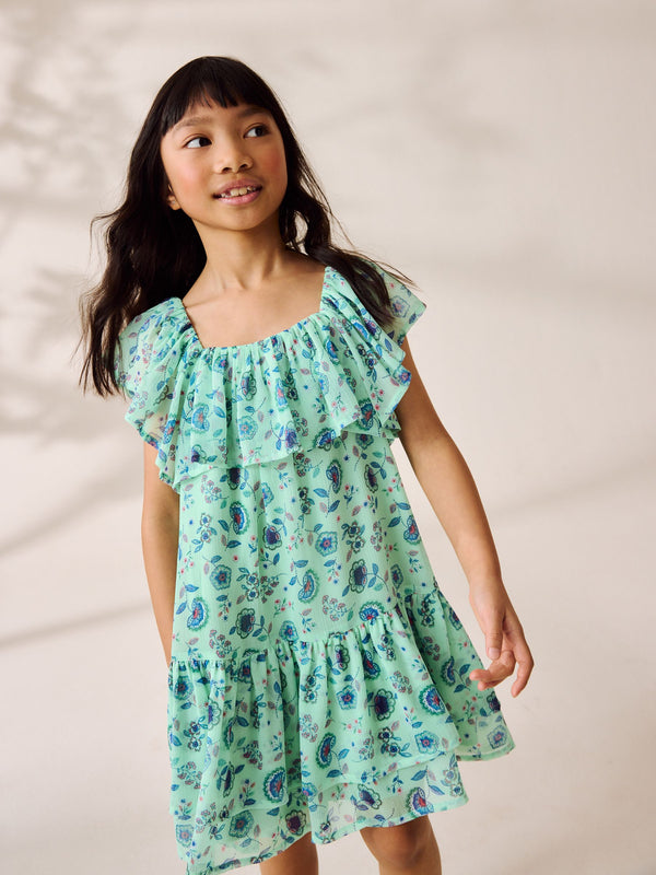 Green Floral Frill Summer Dress (3-16yrs)