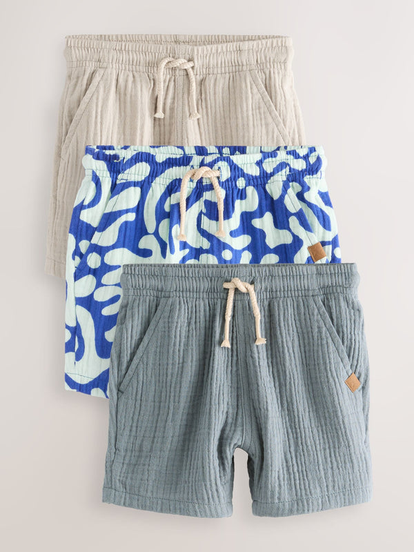 Blue/Neutral/Printed Soft Textured Shorts 3 Pack (3mths-7yrs)