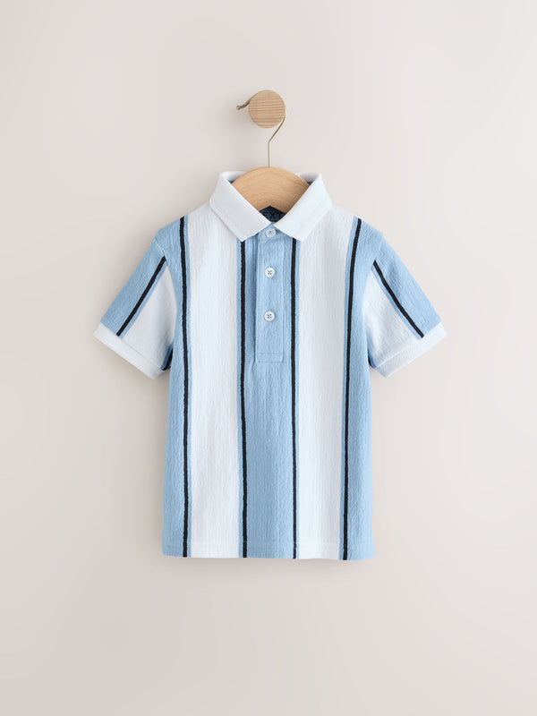 Blue/White 100% Cotton Short Sleeve Textured Polo Shirt (3mths-7yrs)