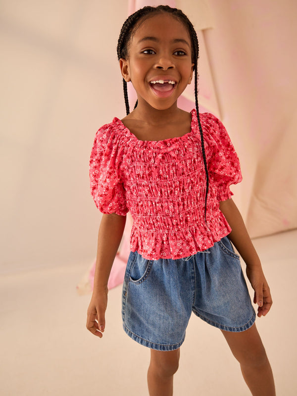 Pink Ditsy Shirred Blouse (3-16yrs)