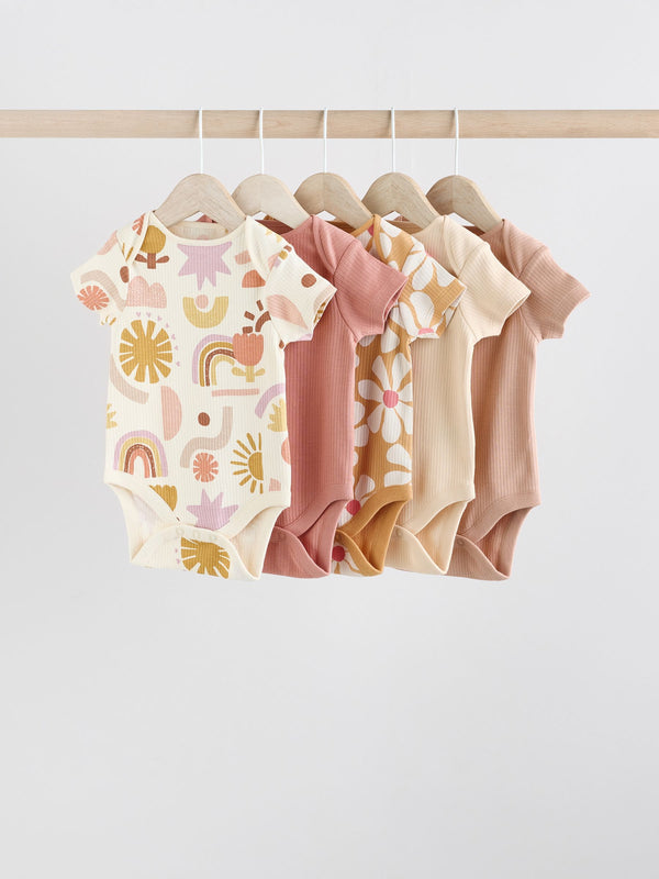 Cream/Brown Short Sleeve 100% Cotton Baby Bodysuits 5 Pack
