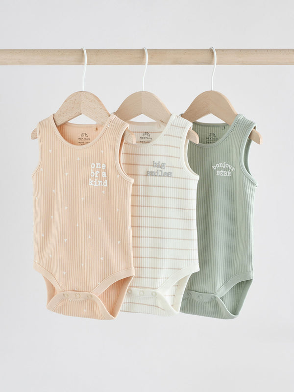 Neutral Brown/ Mint Green Slogan Baby Vest Bodysuits 3 Pack