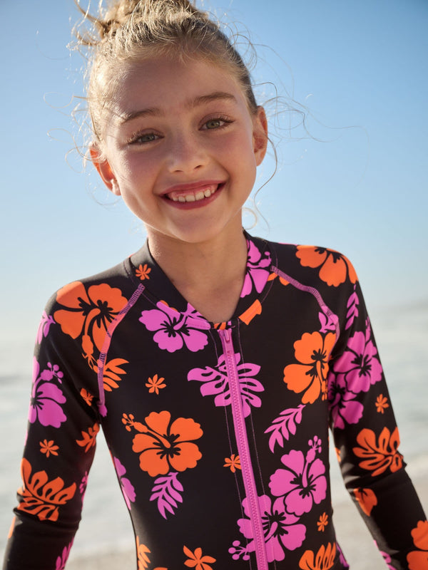 Black/Pink Tropical Long Sleeve Sunsafe Swimsuit (3-16yrs)