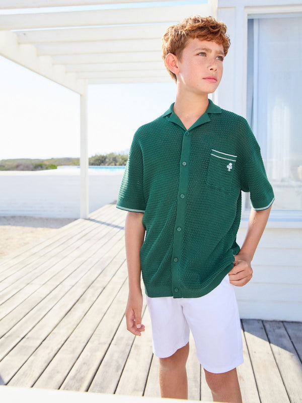 Dark Green Button Through Knitted Short Sleeve Polo Shirt (3-16yrs)