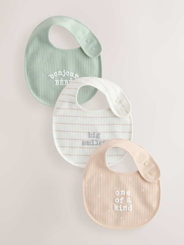 Neutral Brown/ Mint Green Slogan Baby Bibs 3 Pack
